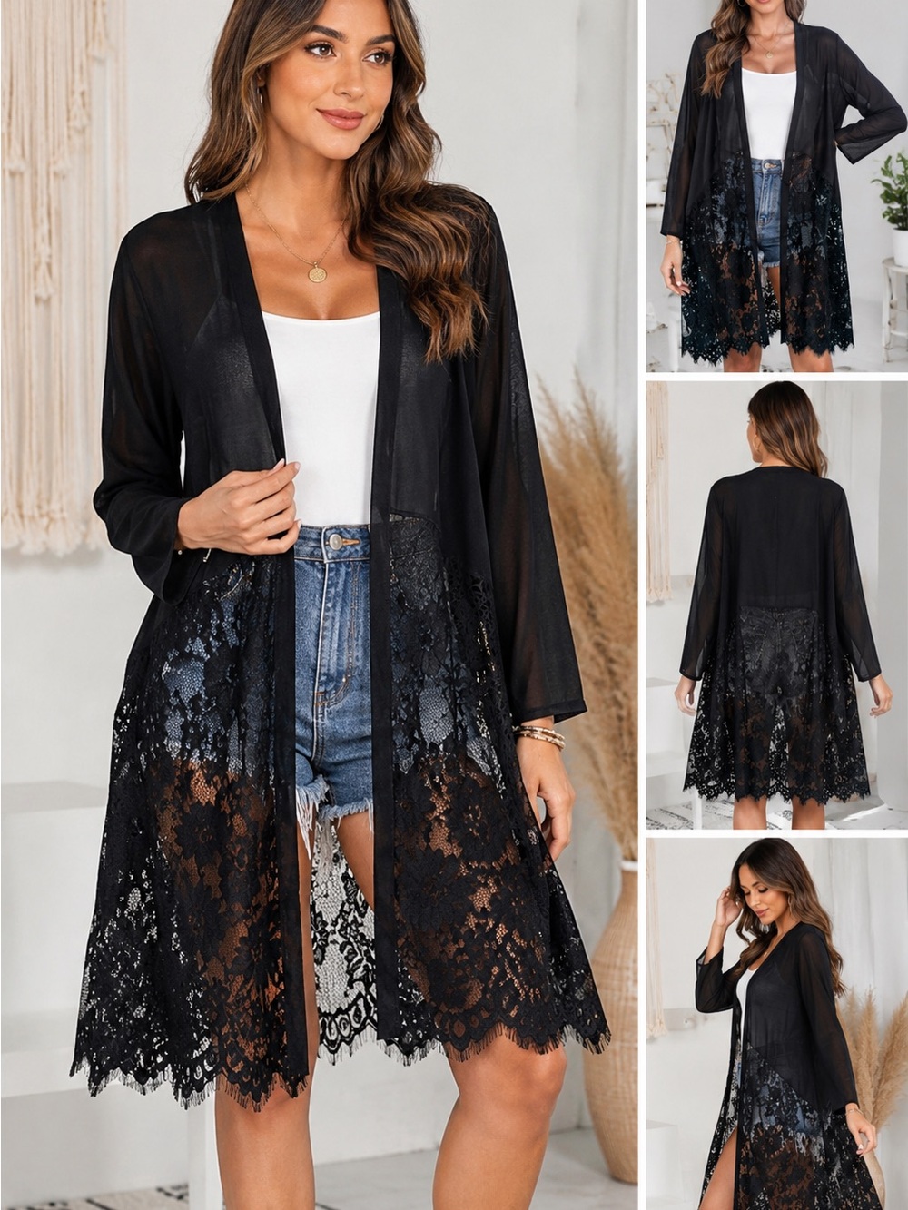 Black Lace Trim Open Front Women's Cardigan